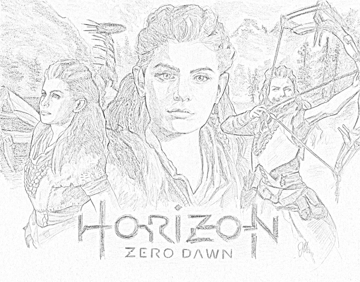 Раскраска Герои игры Horizon Zero Dawn на фоне природы