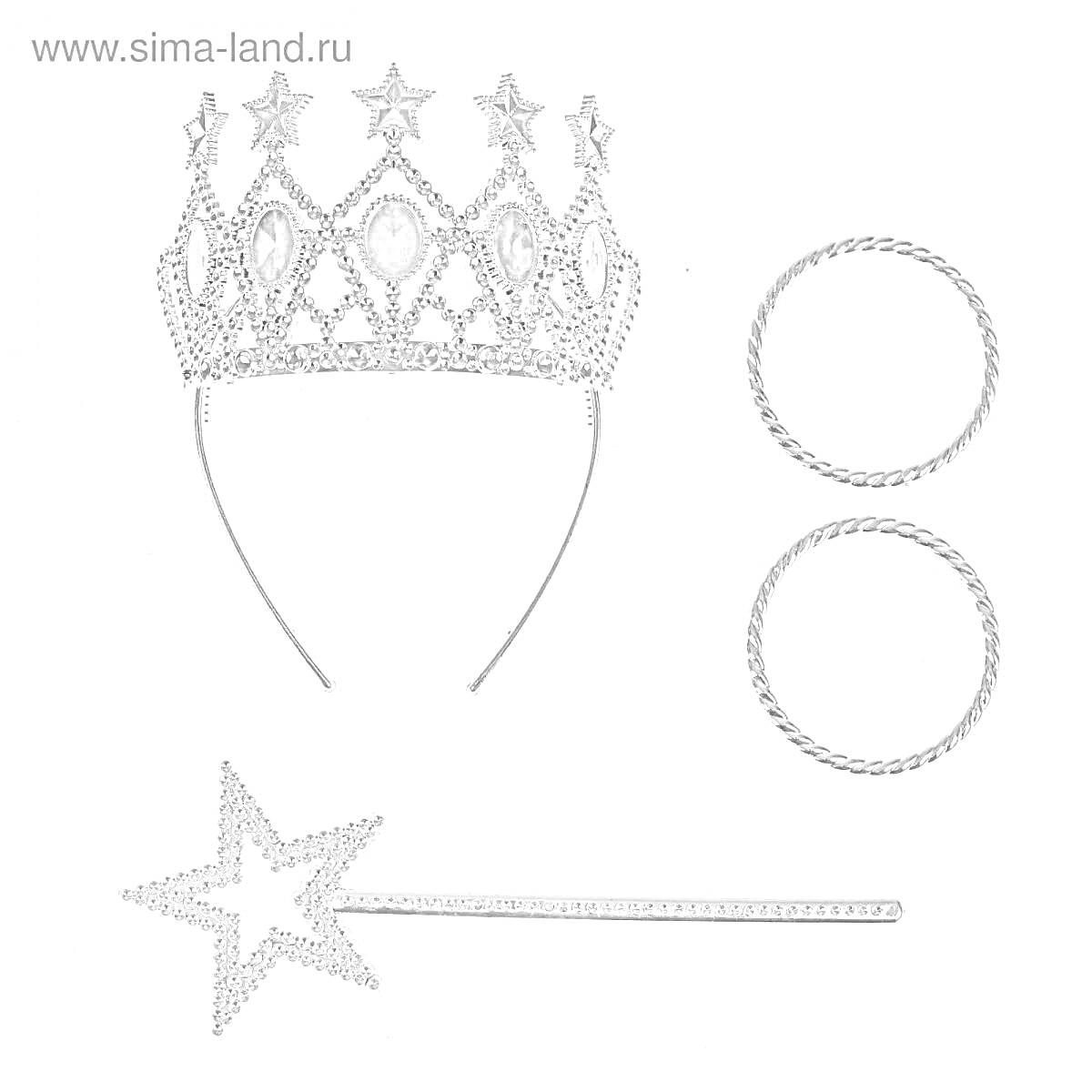 Раскраска Корона с ободком, две браслета и волшебная палочка в виде звезды