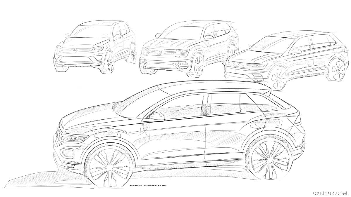 Раскраска эскизы автомобилей Volkswagen Touareg, один крупный на переднем плане и три вверху на заднем плане