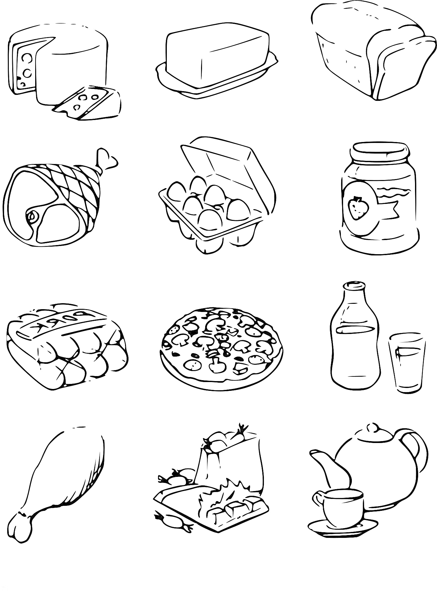 сыр, масло, хлеб, ветчина, яйца (картонная упаковка), джем (банка), шоколад, пицца, молоко (бутылка) и стакан, куриная нога, торт, чайник и чашка