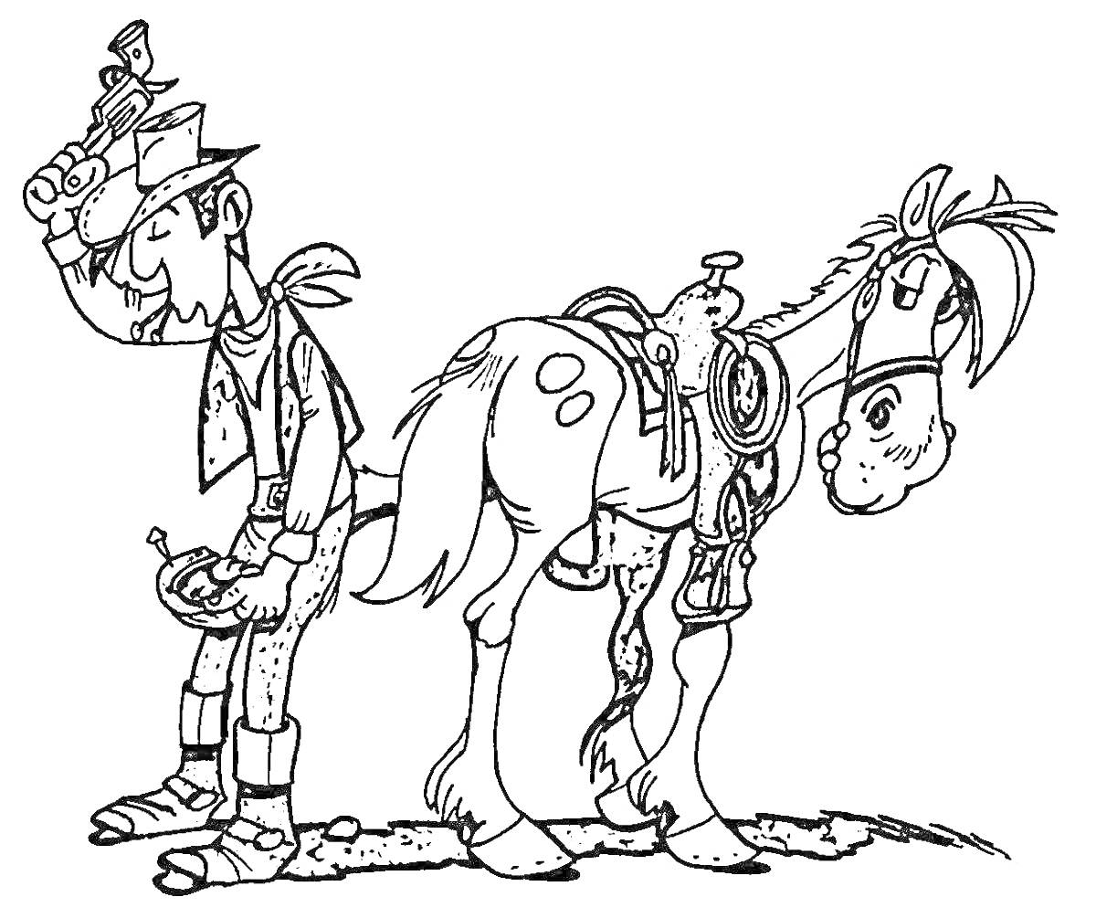 На раскраске изображено: Человек, Мужчина, Шляпа, Пистолет, Лошадь, Седло, Сбруя, Из мультфильмов