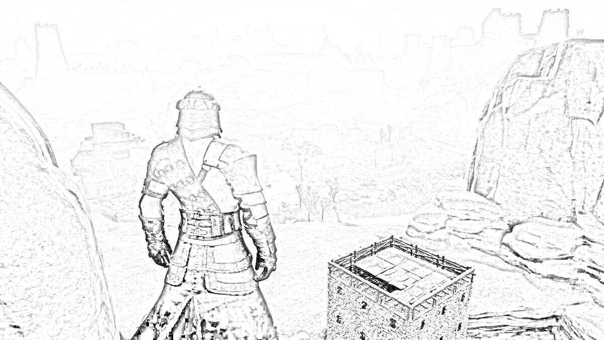Воин наблюдает за руинами и деревней вдалеке со скалы