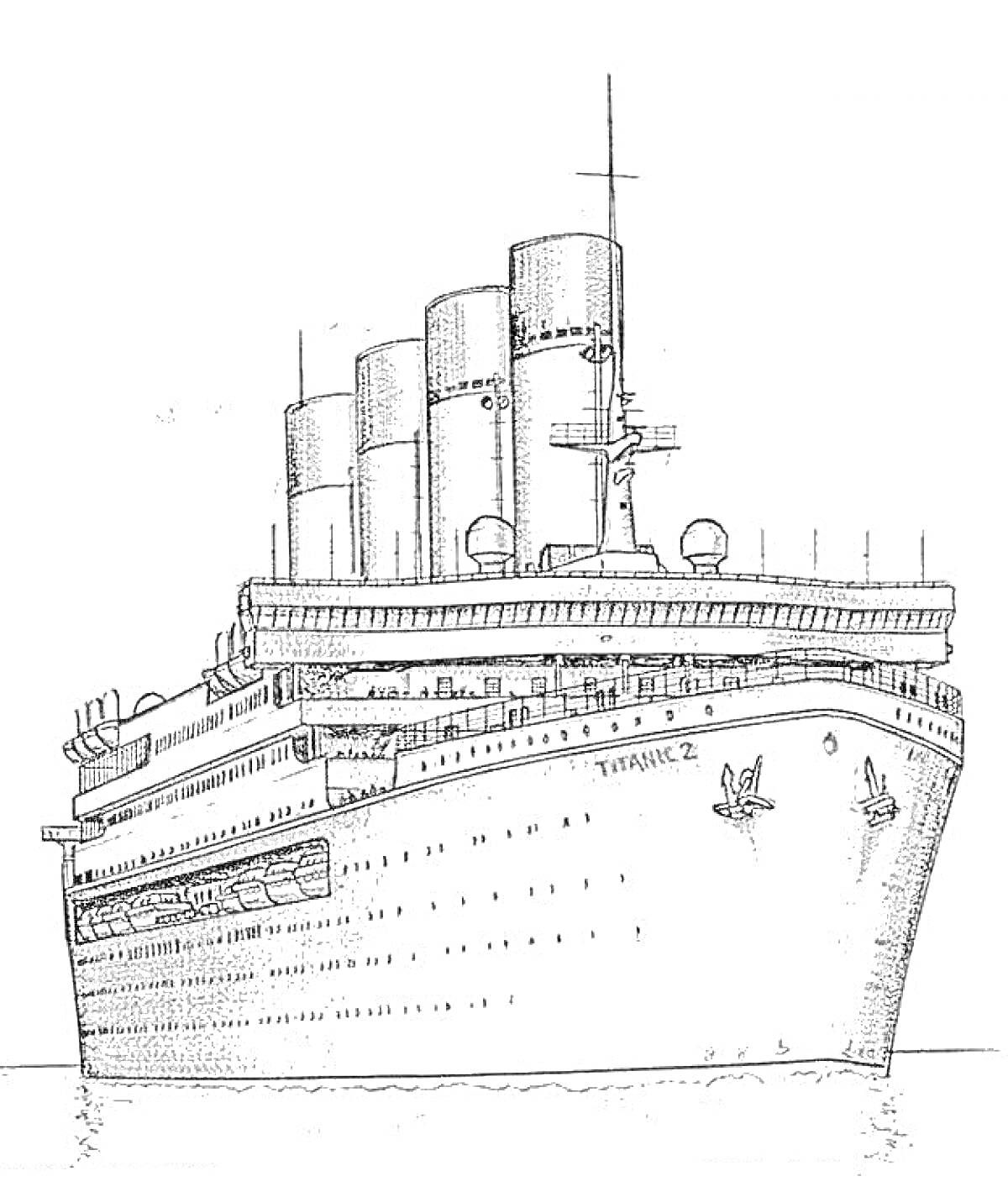 Раскраска Корабль Титаник с четырьмя дымоходами на воде