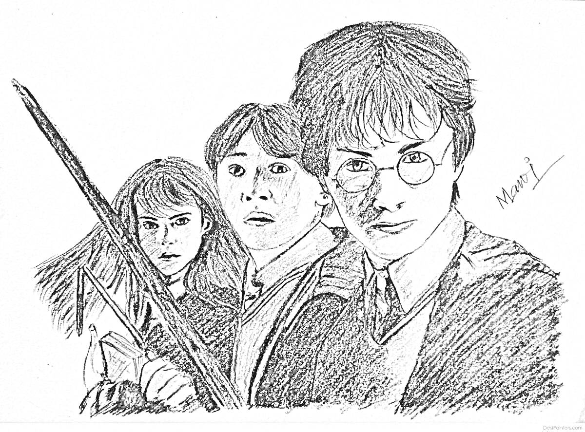 Раскраска Гарри Поттер, Рон Уизли и Гермиона Грейнджер с палочками