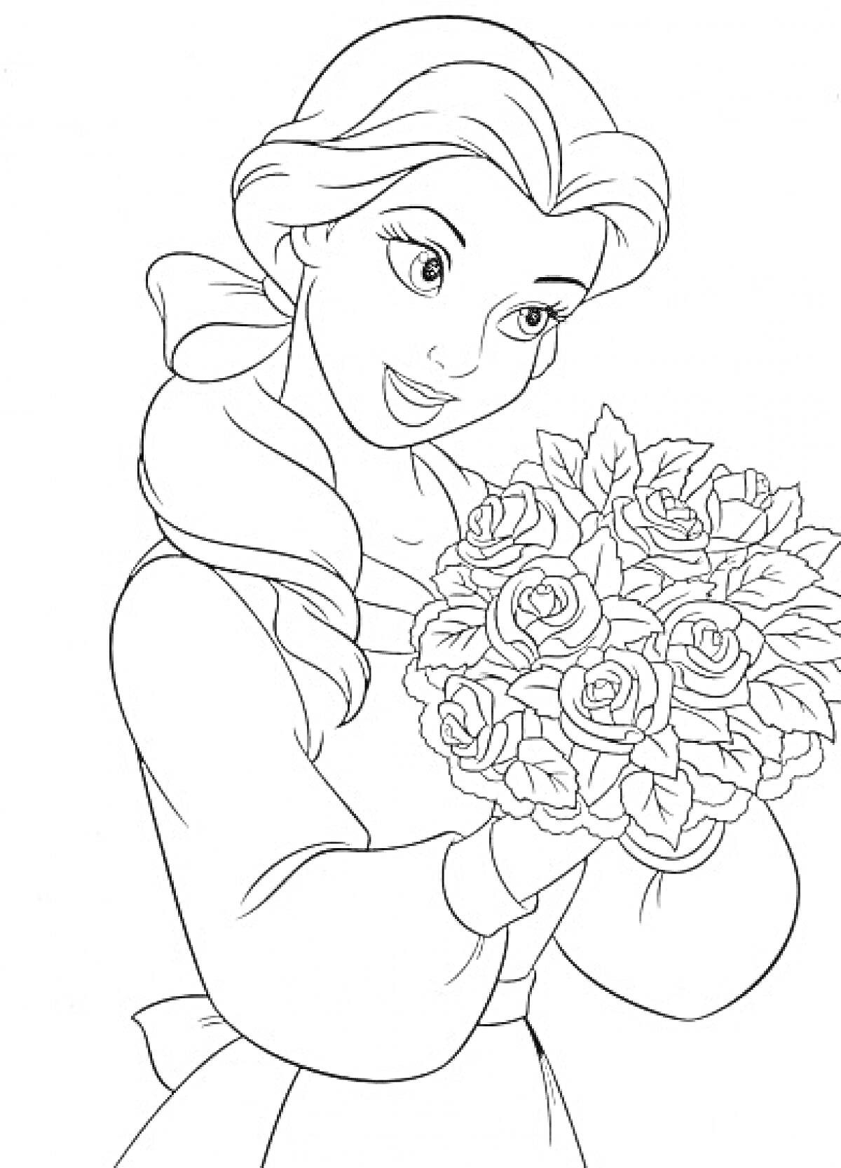 Раскраска Принцесса Бель с букетом роз