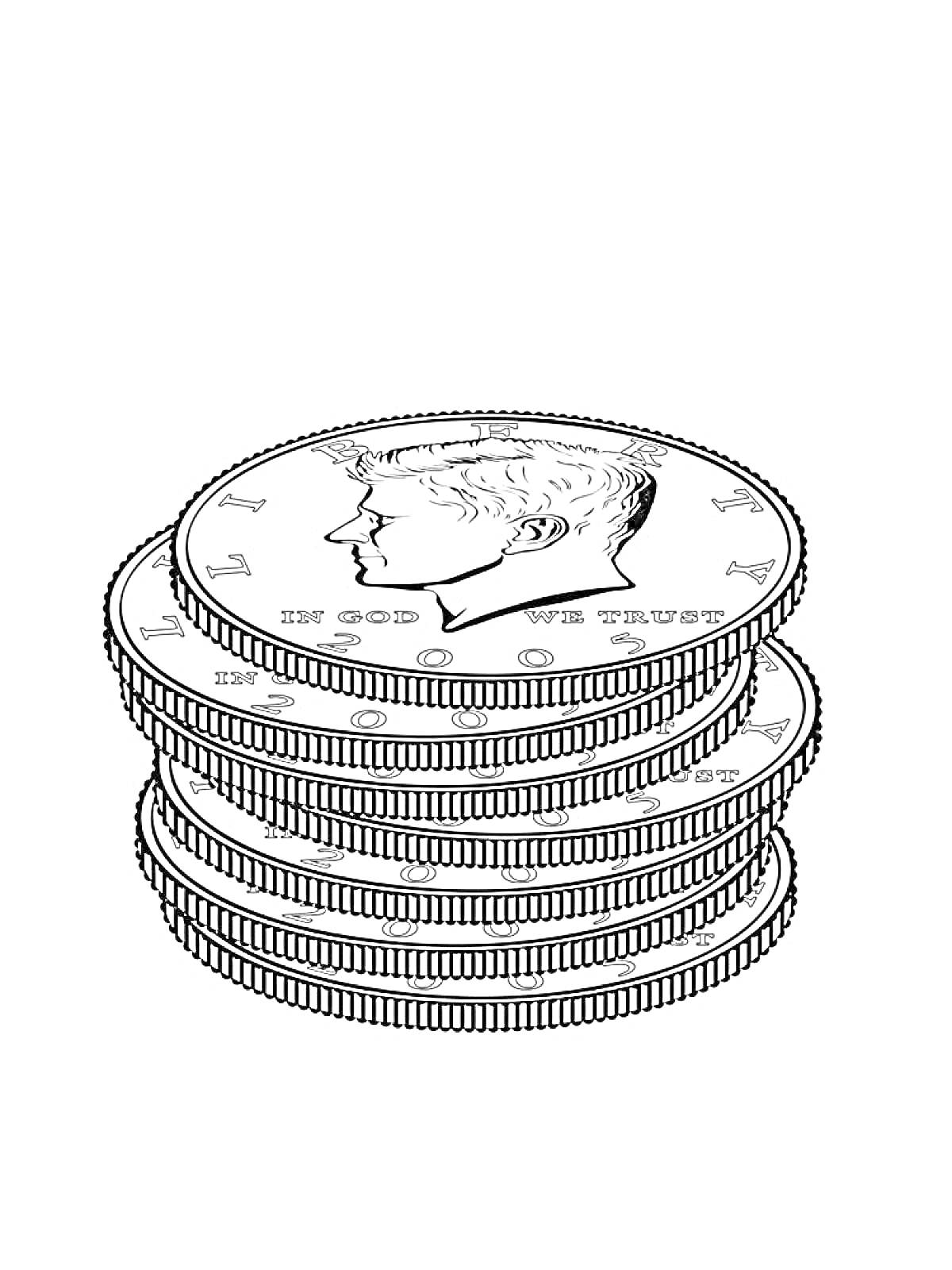 Раскраска Стопка монет с профилем и надписями 