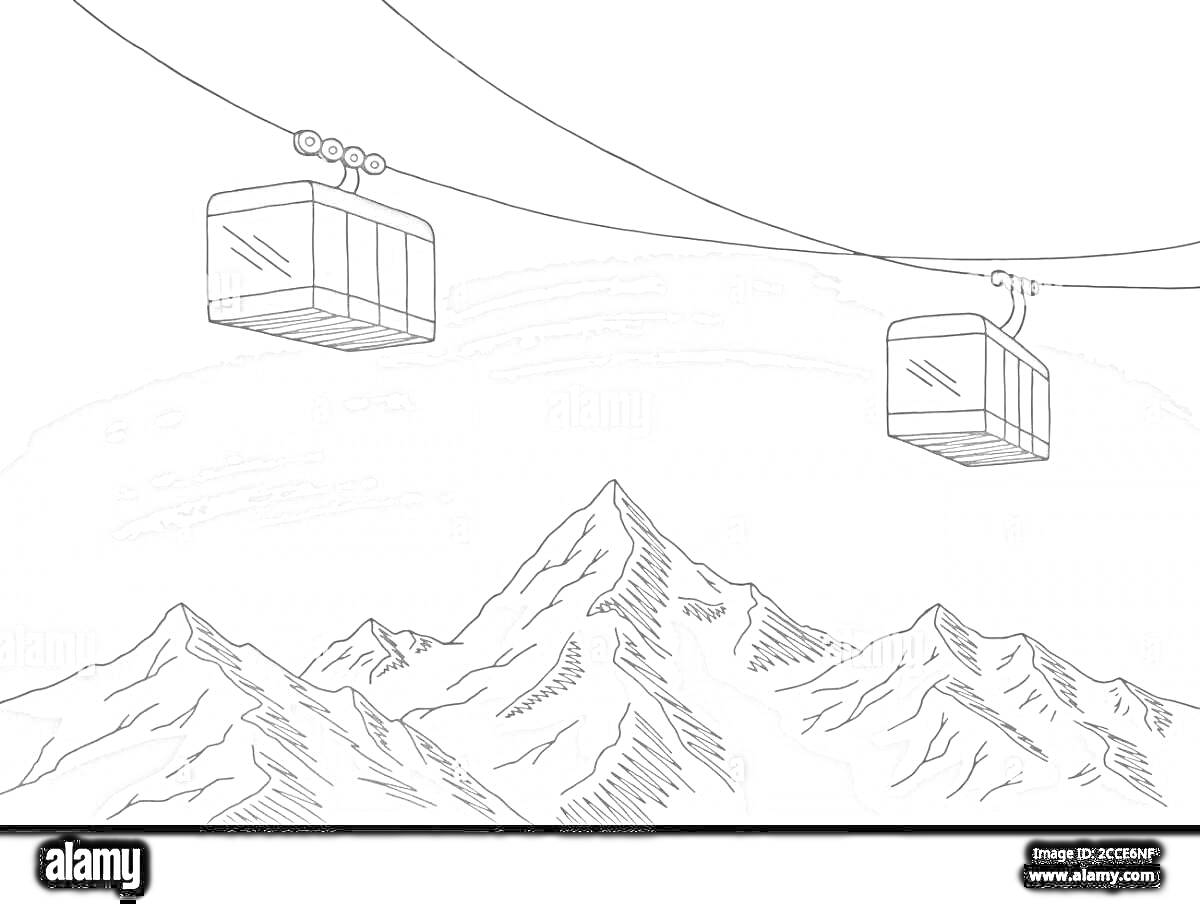 Раскраска Канатная дорога с кабинами на фоне горного пейзажа