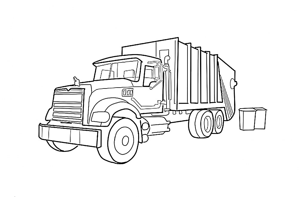 Раскраска Мусоровоз с мусорным баком и водителем