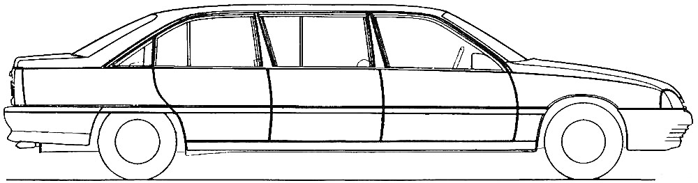 Раскраска Лимузин с четырьмя дверями, с длинным кузовом и большими окнами, вид сбоку