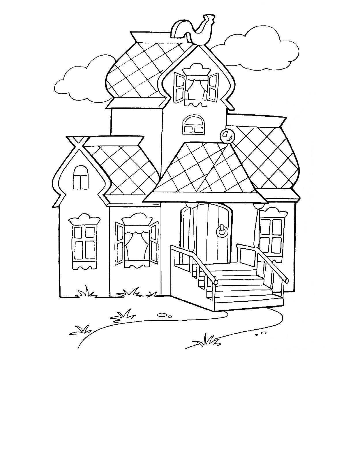 Теремок с петухом на крыше, окном на чердаке, крыльцом с перилами и тремя окнами.