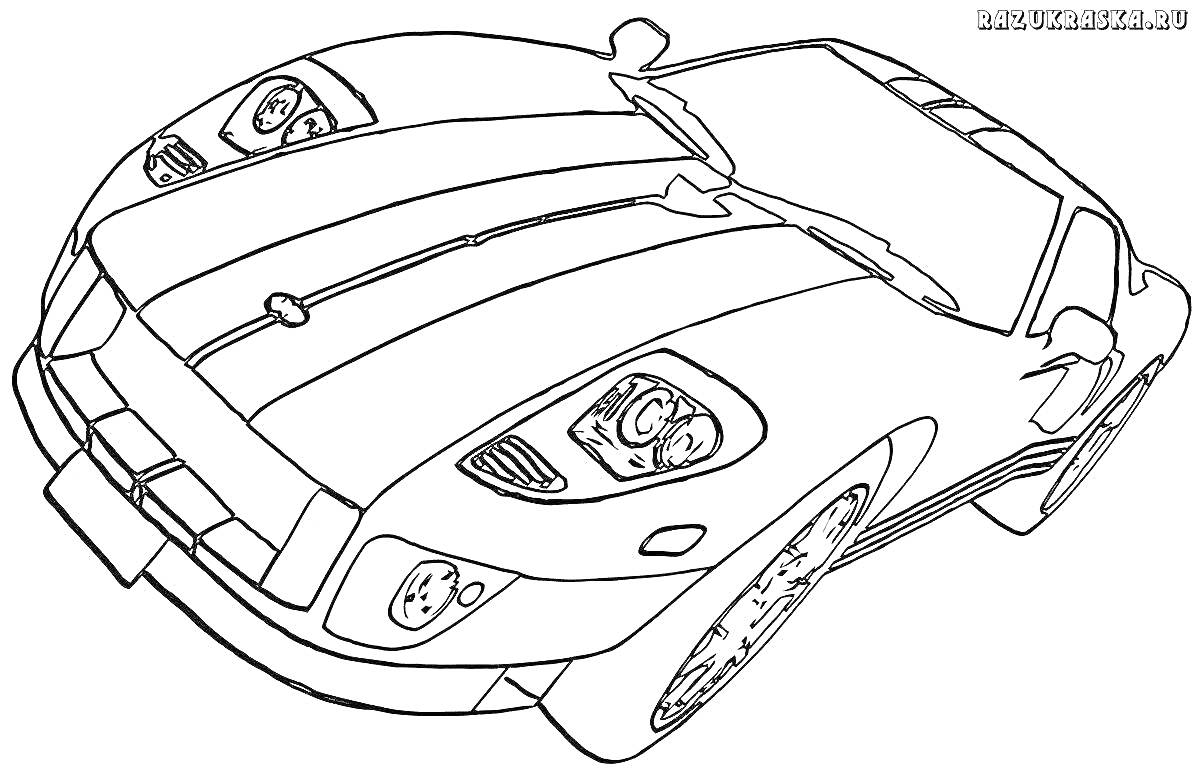 Раскраска Спортивный автомобиль с выразительными фарами и аэродинамическими линиями кузова в технике антистресс