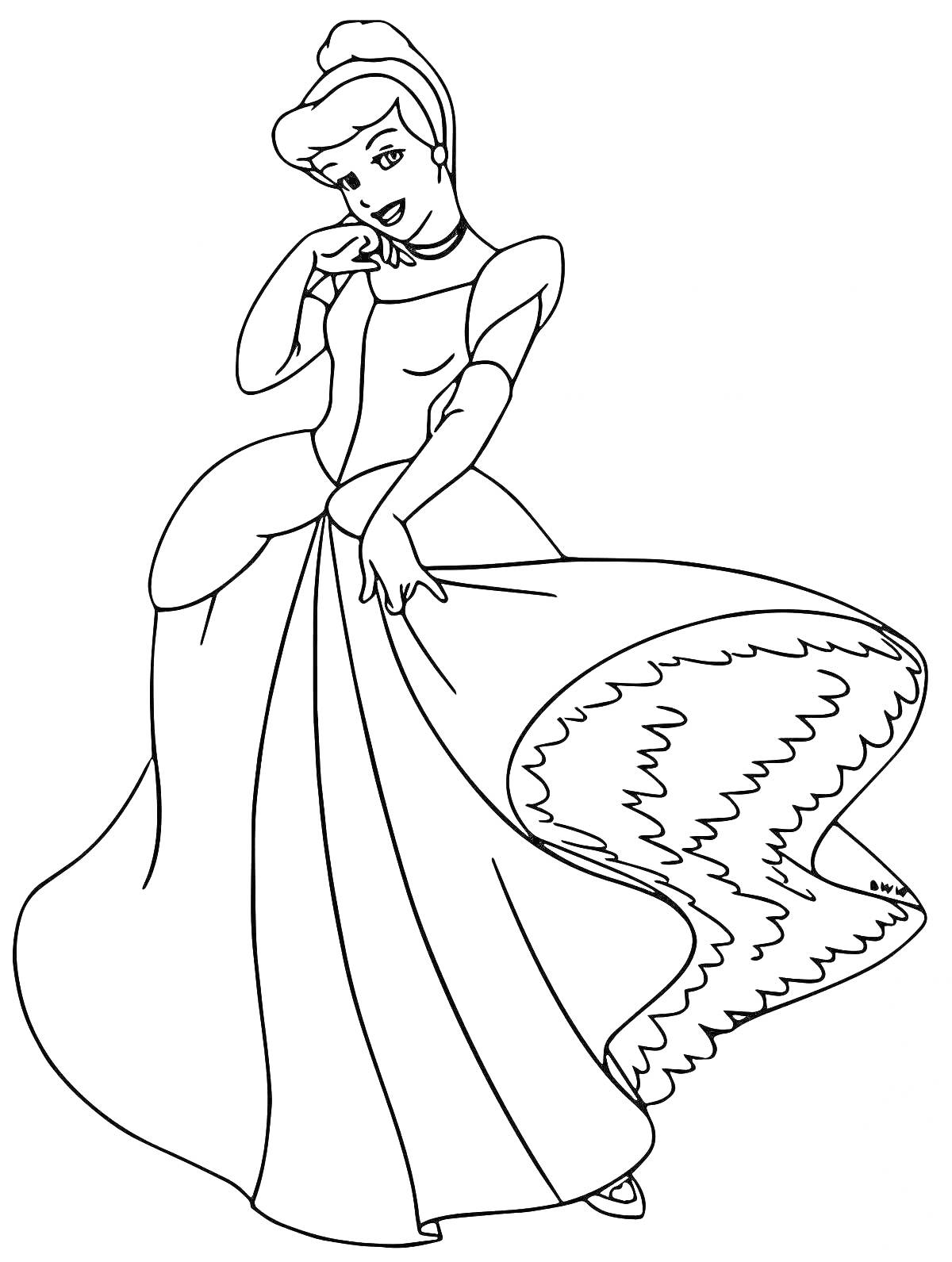 Раскраска Золушка в длинном платье с волнистым узором, сложив руки на груди и держится за юбку