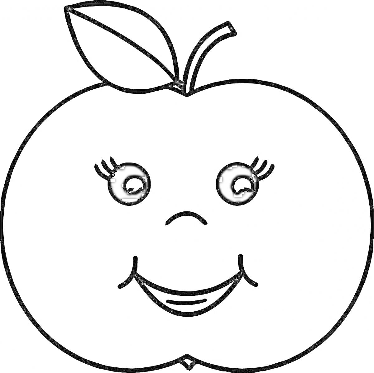 На раскраске изображено: Яблоко, Улыбка, 4 года, 5 лет, Лицо, Глаза, Рот, Нос