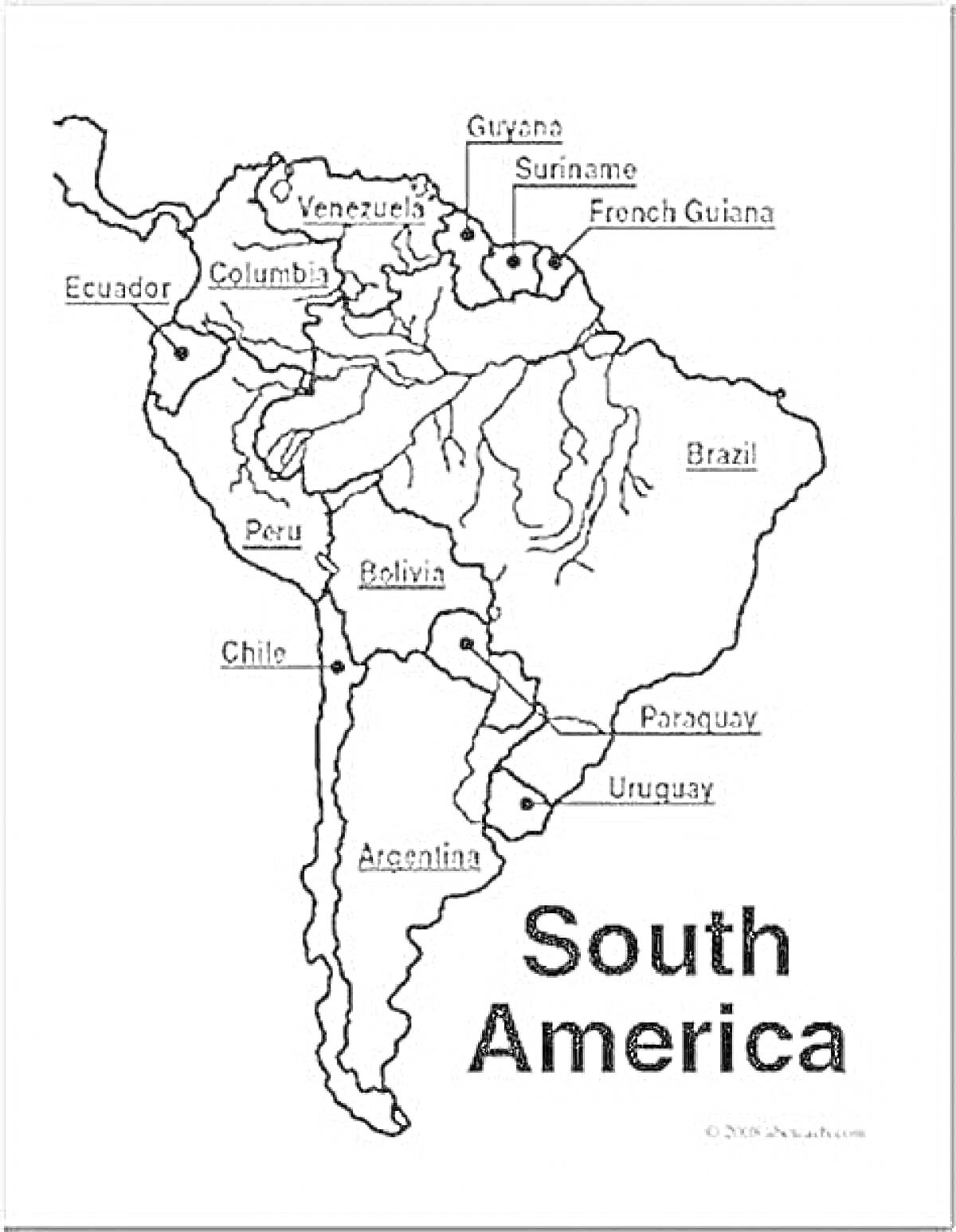 На раскраске изображено: Южная Америка, Карта, Эквадор, Бразилия, Чили, Аргентина