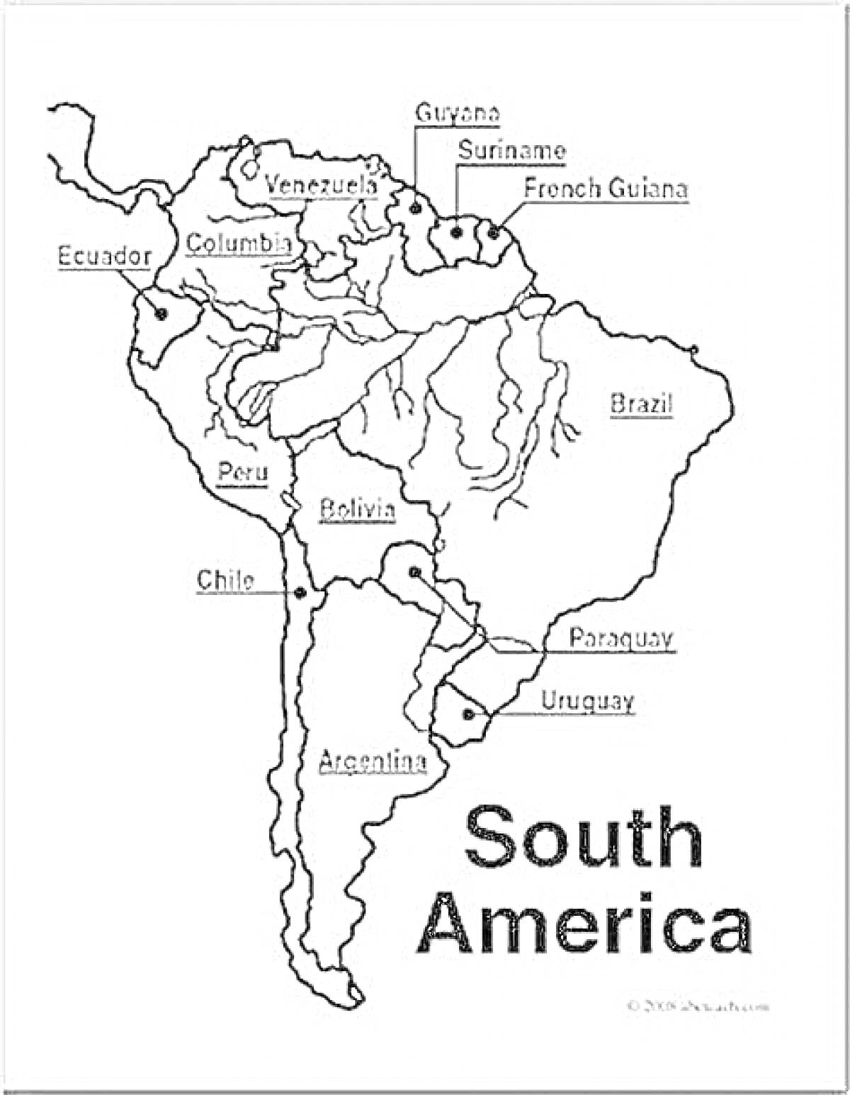 Раскраска Карта Южной Америки с обозначенными странами Гайана, Суринам, Французская Гвиана, Венесуэла, Колумбия, Эквадор, Перу, Бразилия, Боливия, Парагвай, Чили, Аргентина и Уругвай