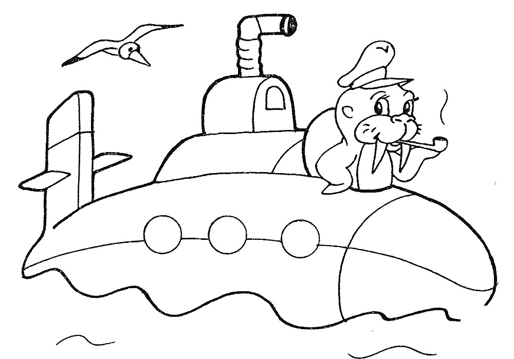 Подводная лодка с морским львом и чайкой