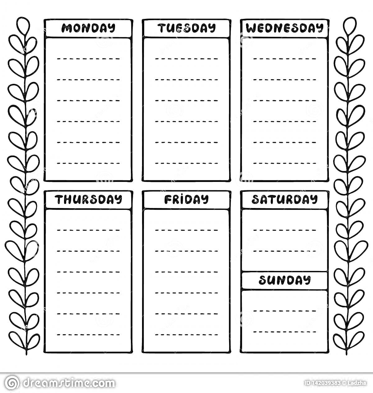 Раскраска Планер с днями недели, включая понедельник, вторник, среду, четверг, пятницу, субботу и воскресенье, с узором из растительных листьев по бокам.