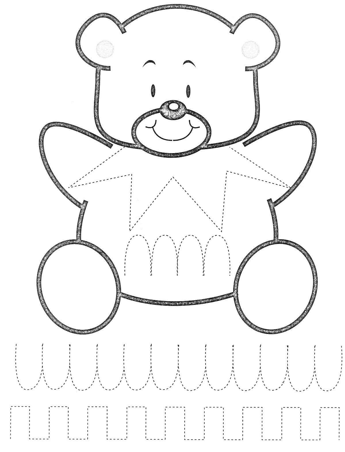 На раскраске изображено: Медведь, По точкам, Узоры, Волнистая линия, Развивающее задание