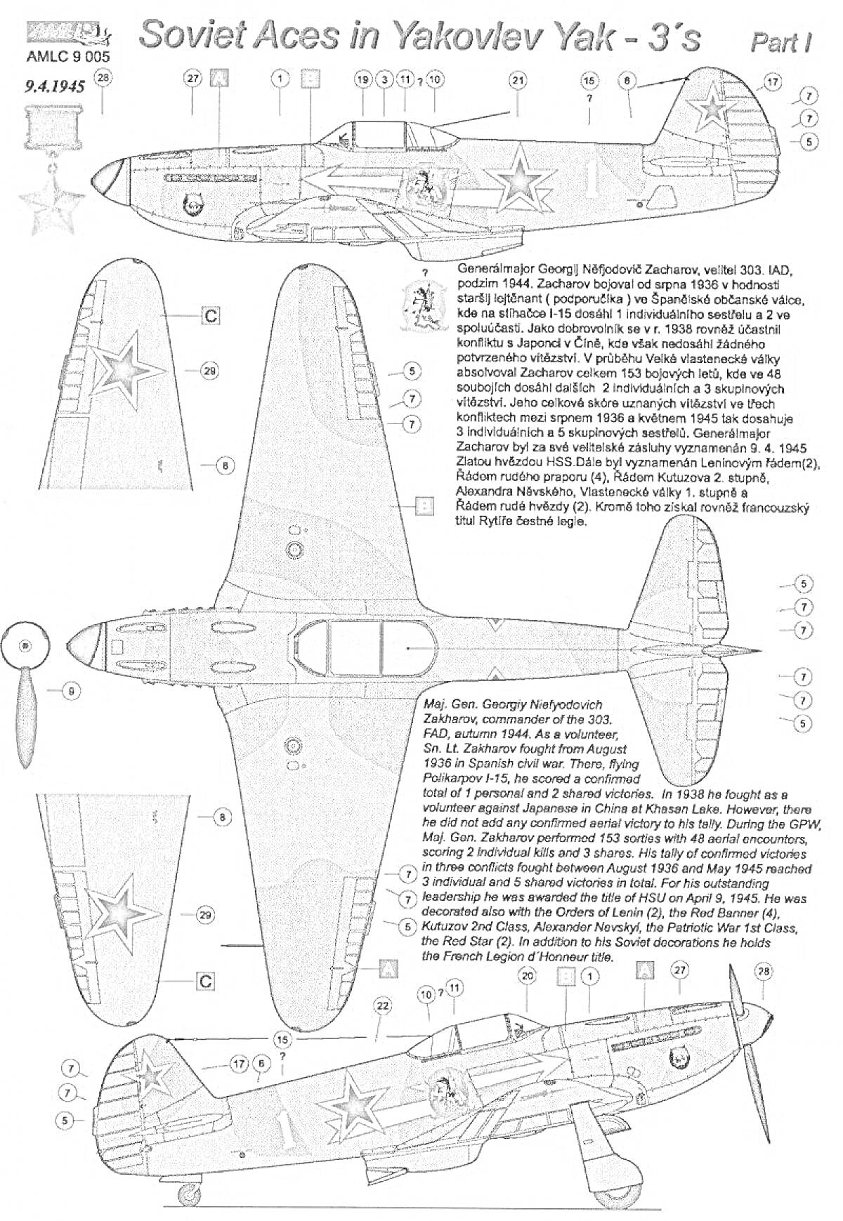 Раскраска Советские асы на Як-3. Вид сверху, сбоку и снизу. Детали конструкций и элементы дизайна.