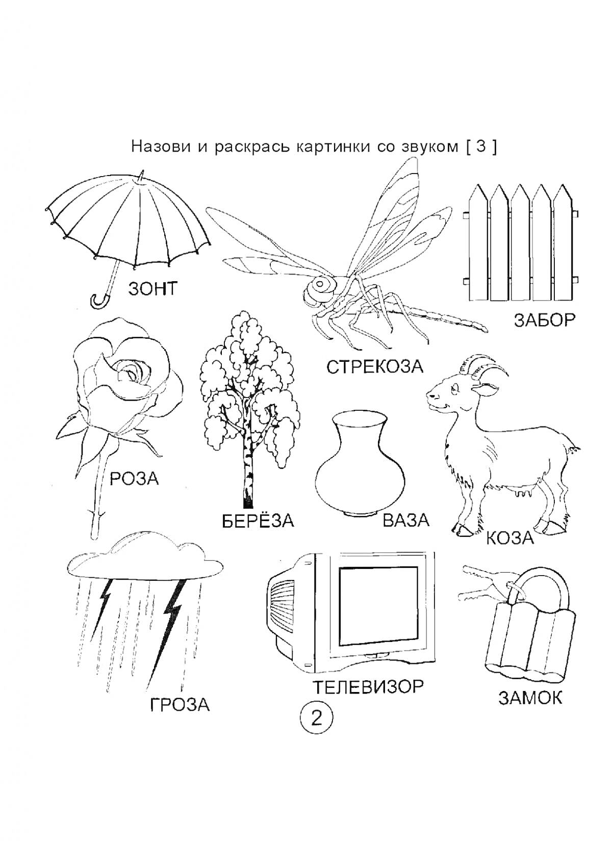 Раскраска Картинки со звуком [З]: зонт, стрекоза, забор, роза, берёза, ваза, коза, гроза, телевизор, замок