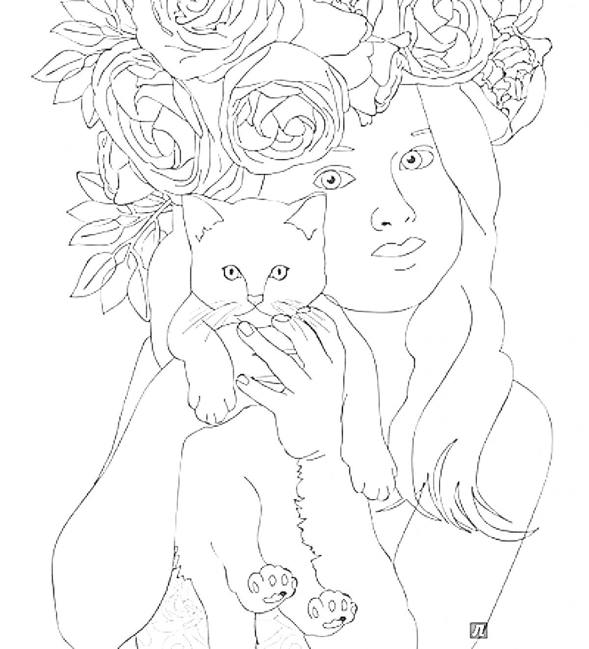 На раскраске изображено: Длинные волосы, Цветы, Кототерапия, Девочка, Кот