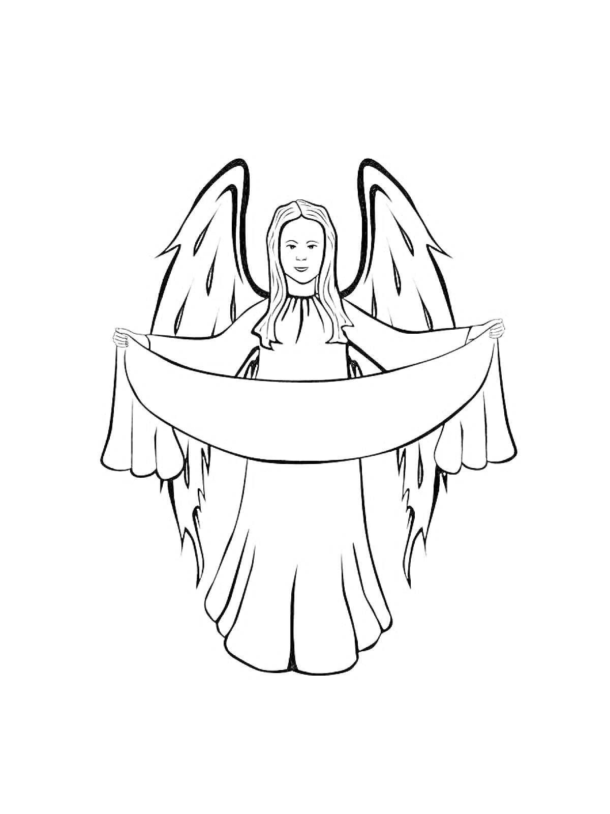 РаскраскаАнгел с расправленными крыльями, держащий ткань двумя руками