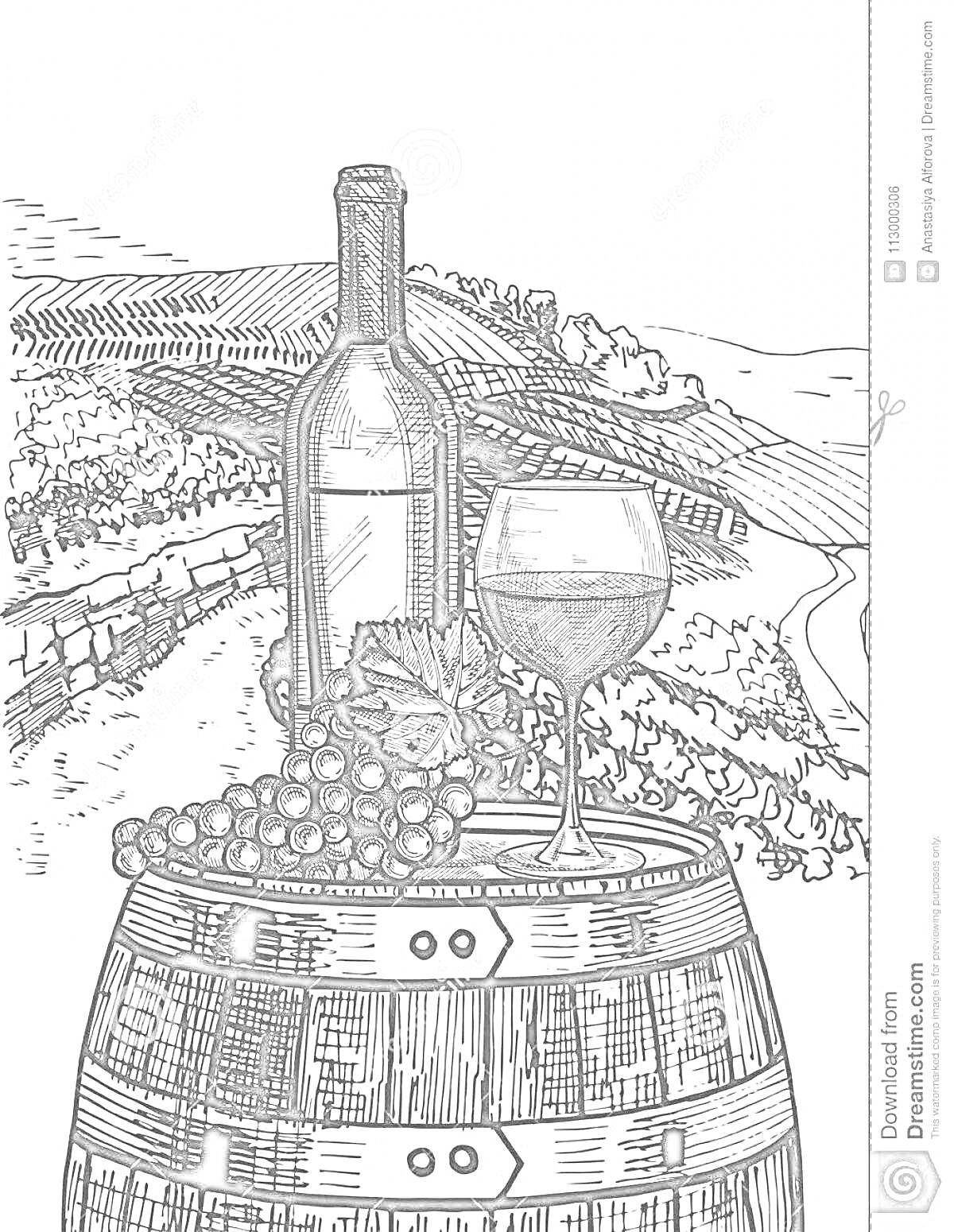 Раскраска Бутылка вина, бокал вина, виноград, винная бочка на фоне виноградника