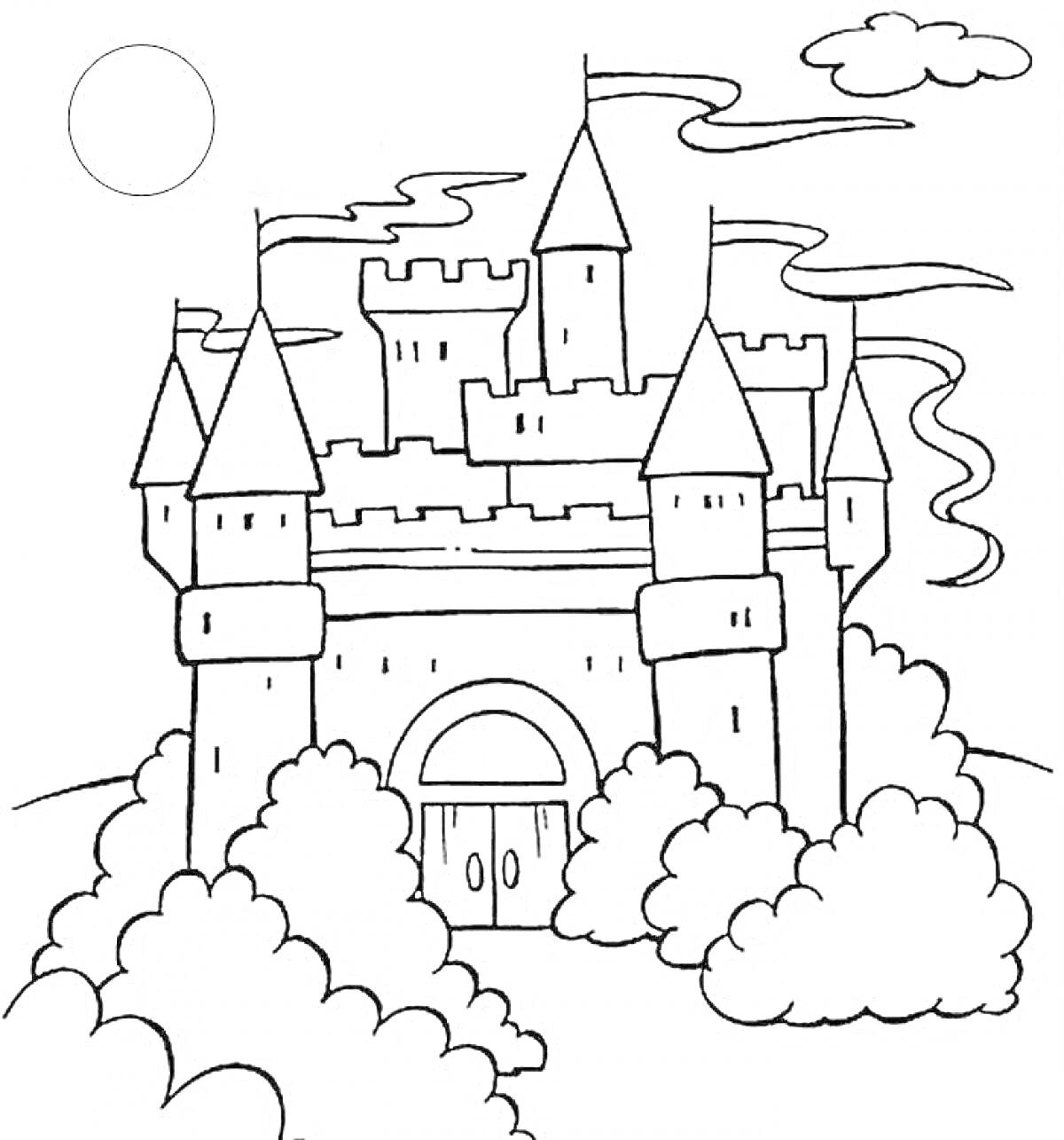 На раскраске изображено: Дворец, Башни, Солнце, Облака, Кусты, Природа