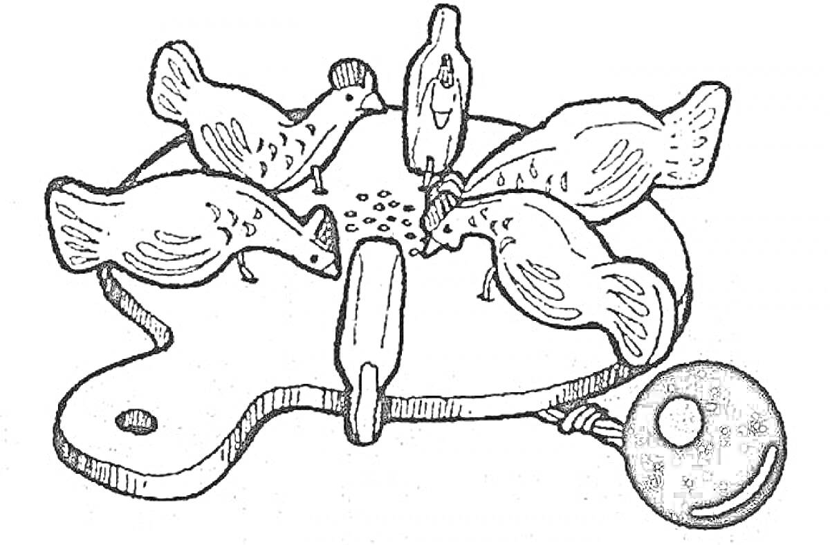 Раскраска Игрушка с птицами на круглой подставке с ручкой и шариком