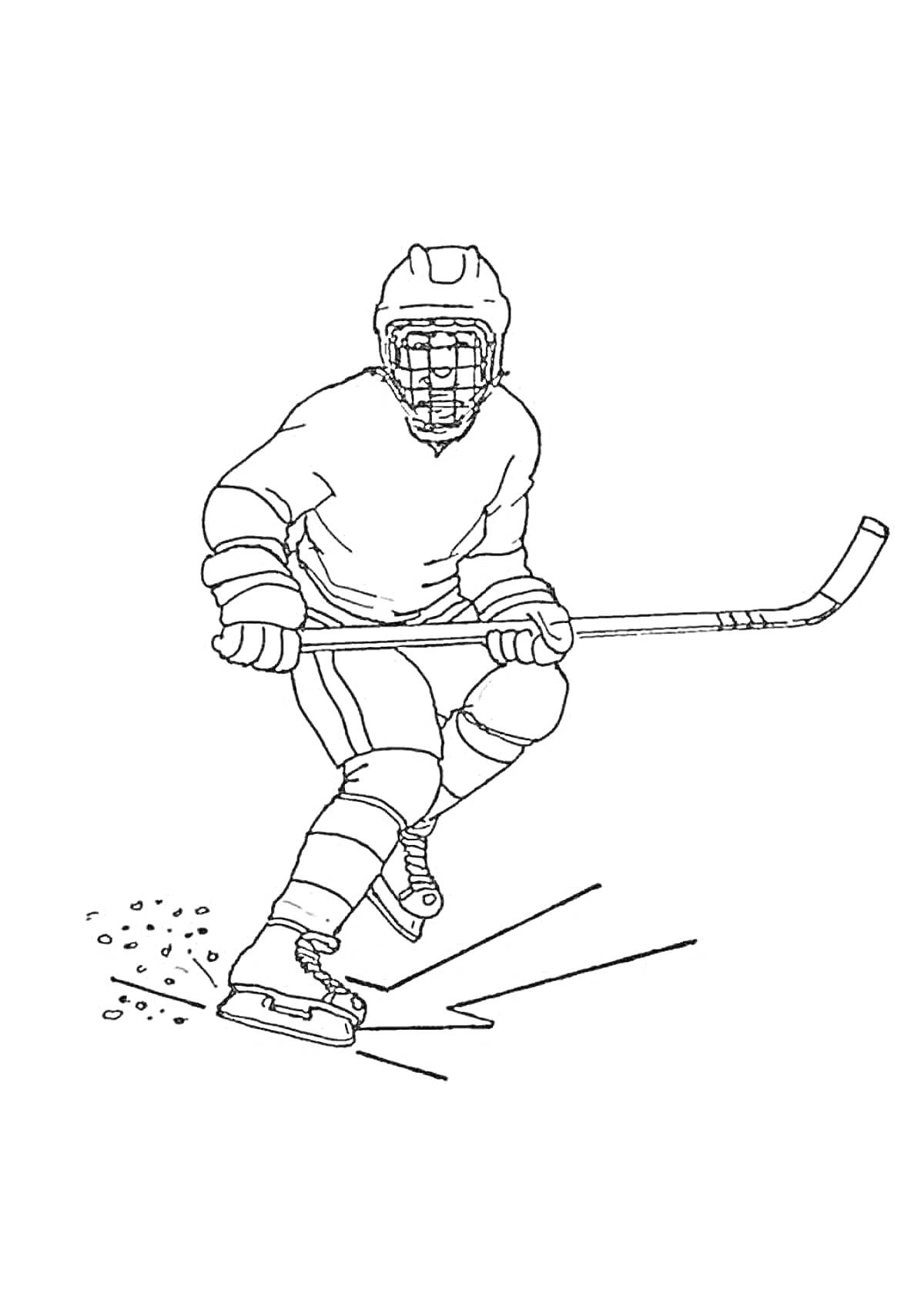 На раскраске изображено: Хоккей, Хоккеист, Коньки, Клюшка, Лед, Спорт, Защитная форма, Катание на коньках, Скорость, Зимний спорт