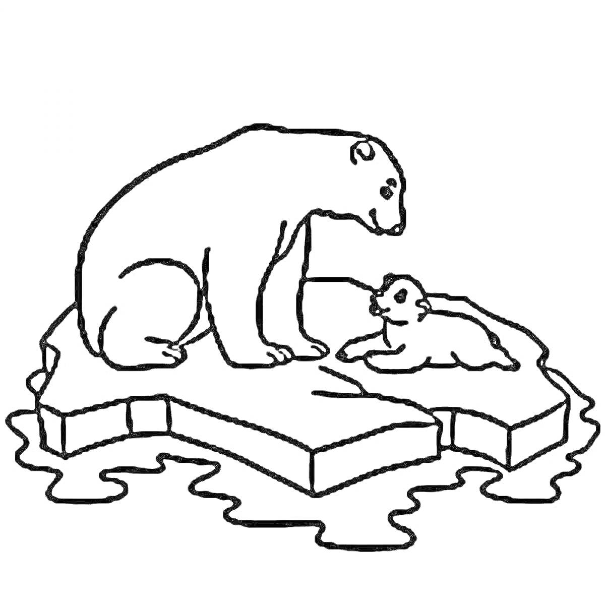 На раскраске изображено: Льдина, Полярные медведи, Медведь, Лед, Арктика, Животные, Природа, Север