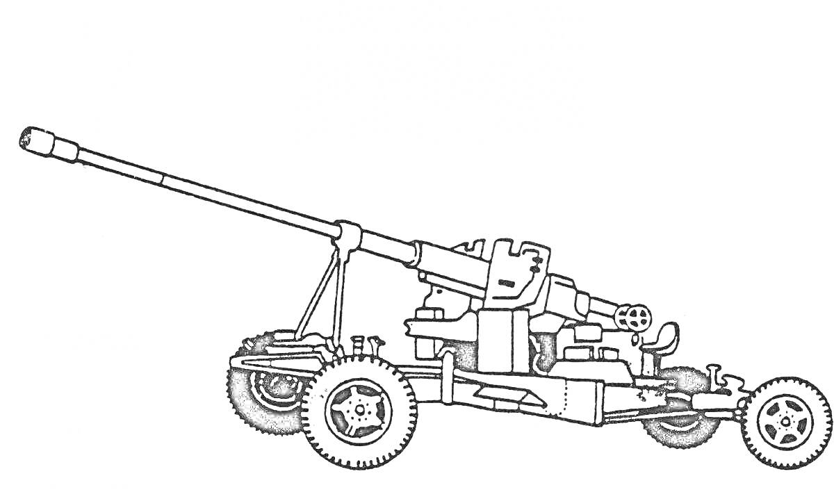 Раскраска Артиллерийское орудие с длинным стволом и колесами
