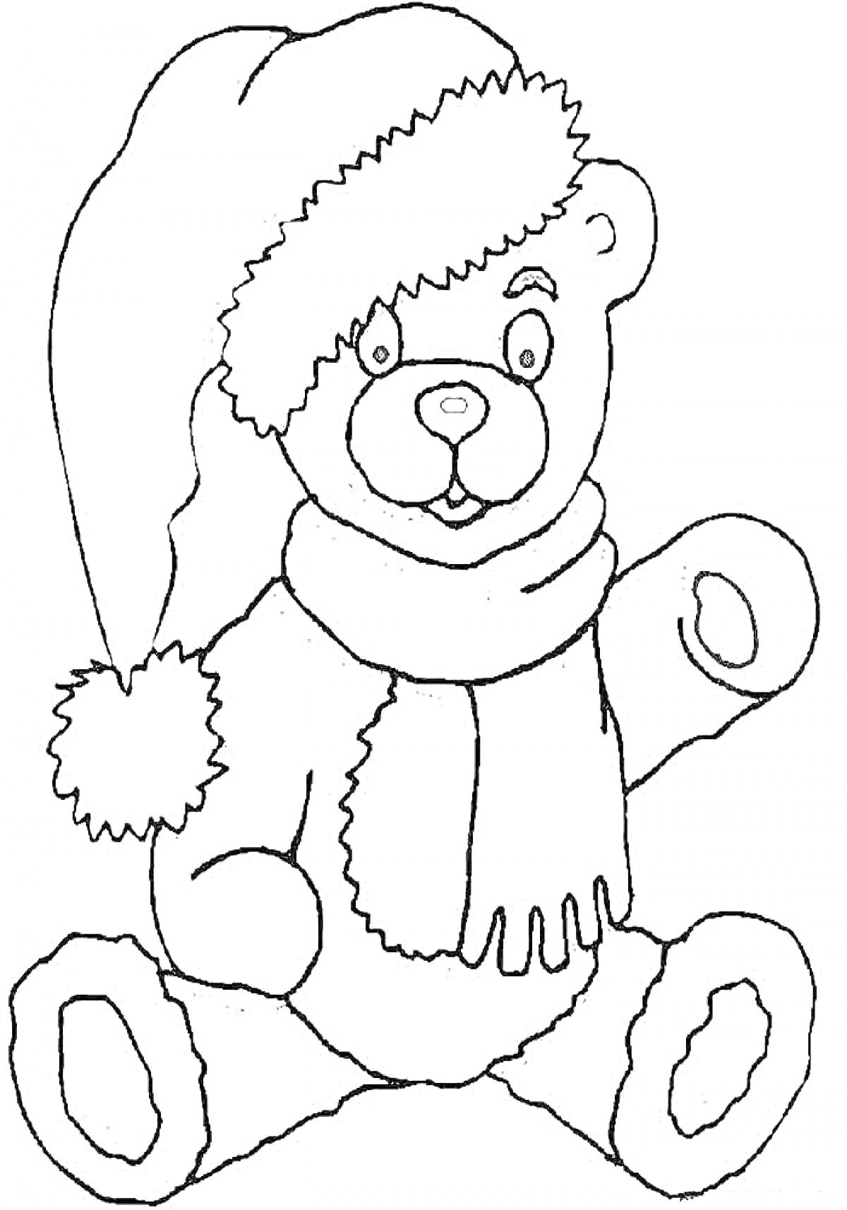 На раскраске изображено: Мишка Тедди, Новогодняя шапка, Шарф, Игрушки, Новый год