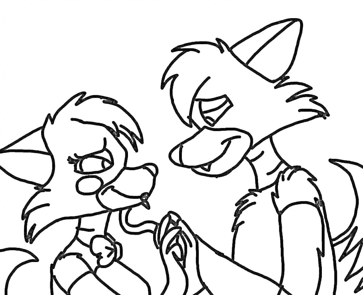 Раскраска Два аниматроника-лисицы держат лапы вместе