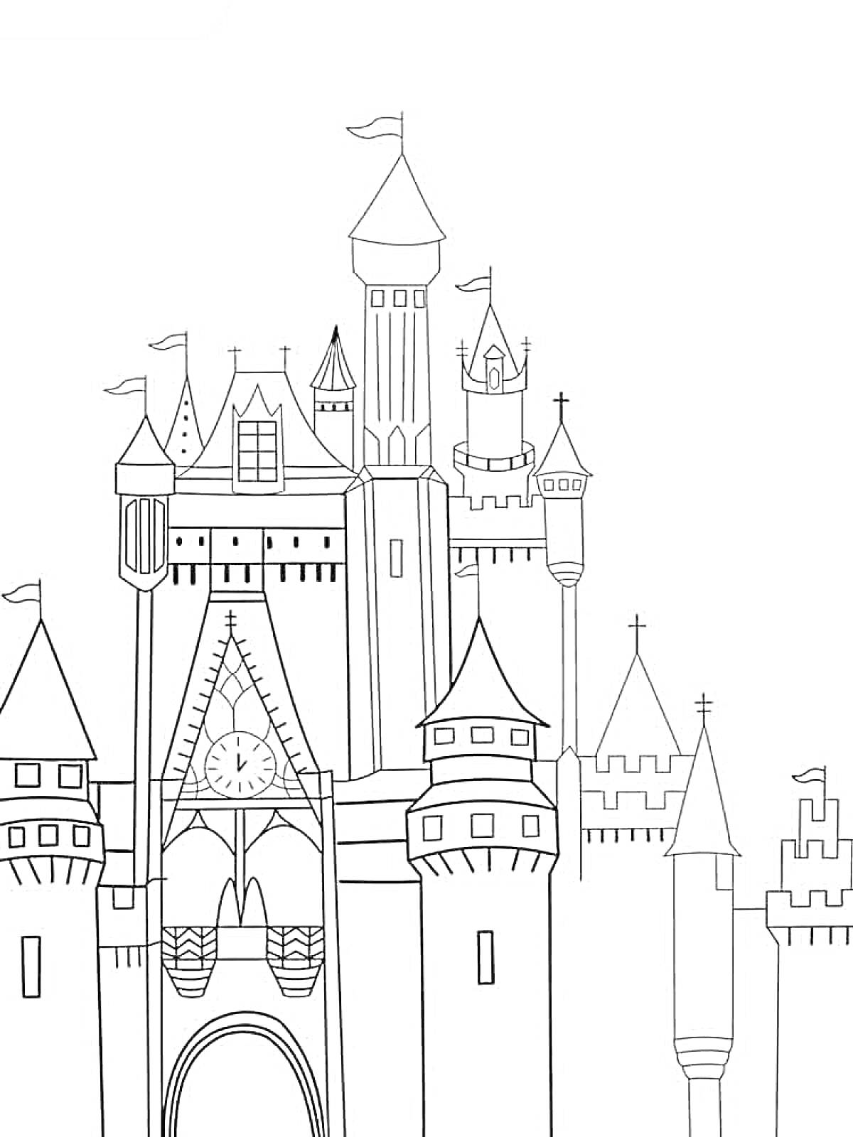На раскраске изображено: Замок, Башни, Часы, Средневековье, Архитектура, Крепость, Флаг