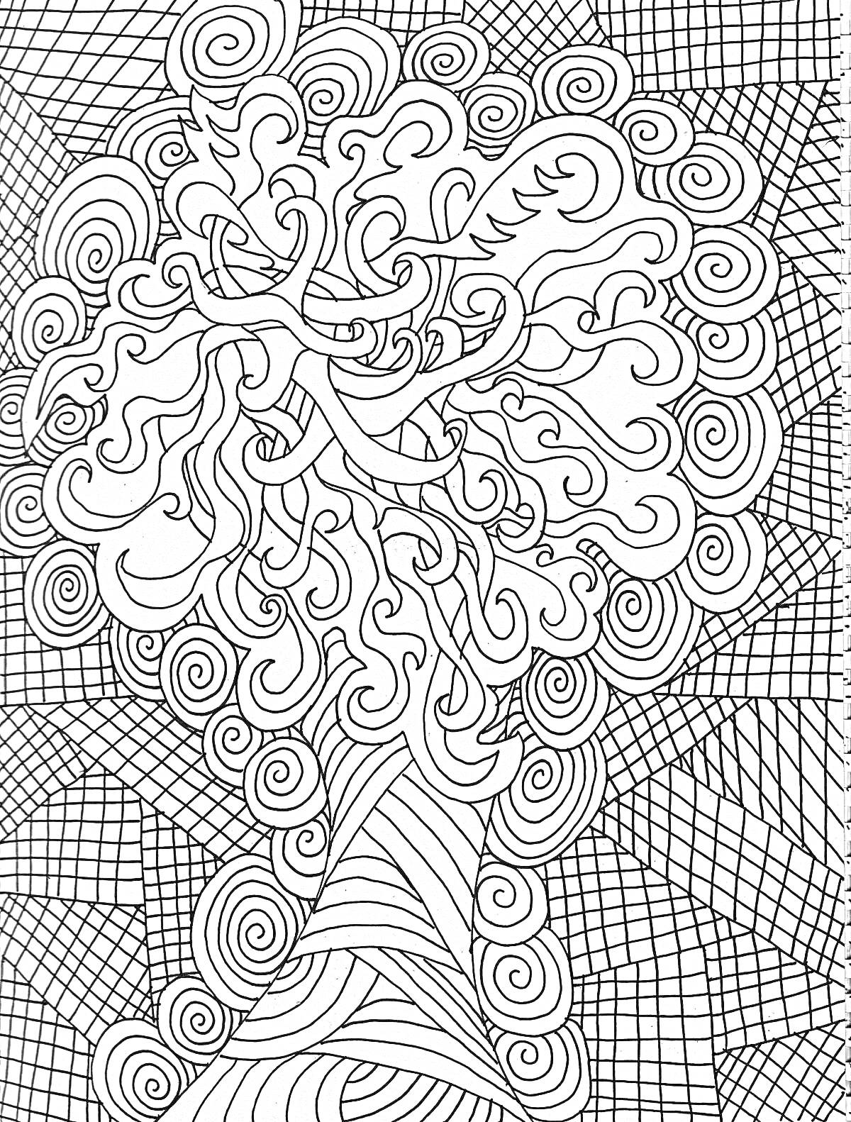 Раскраска Дерево с узорами на фоне сложных геометрических фигур
