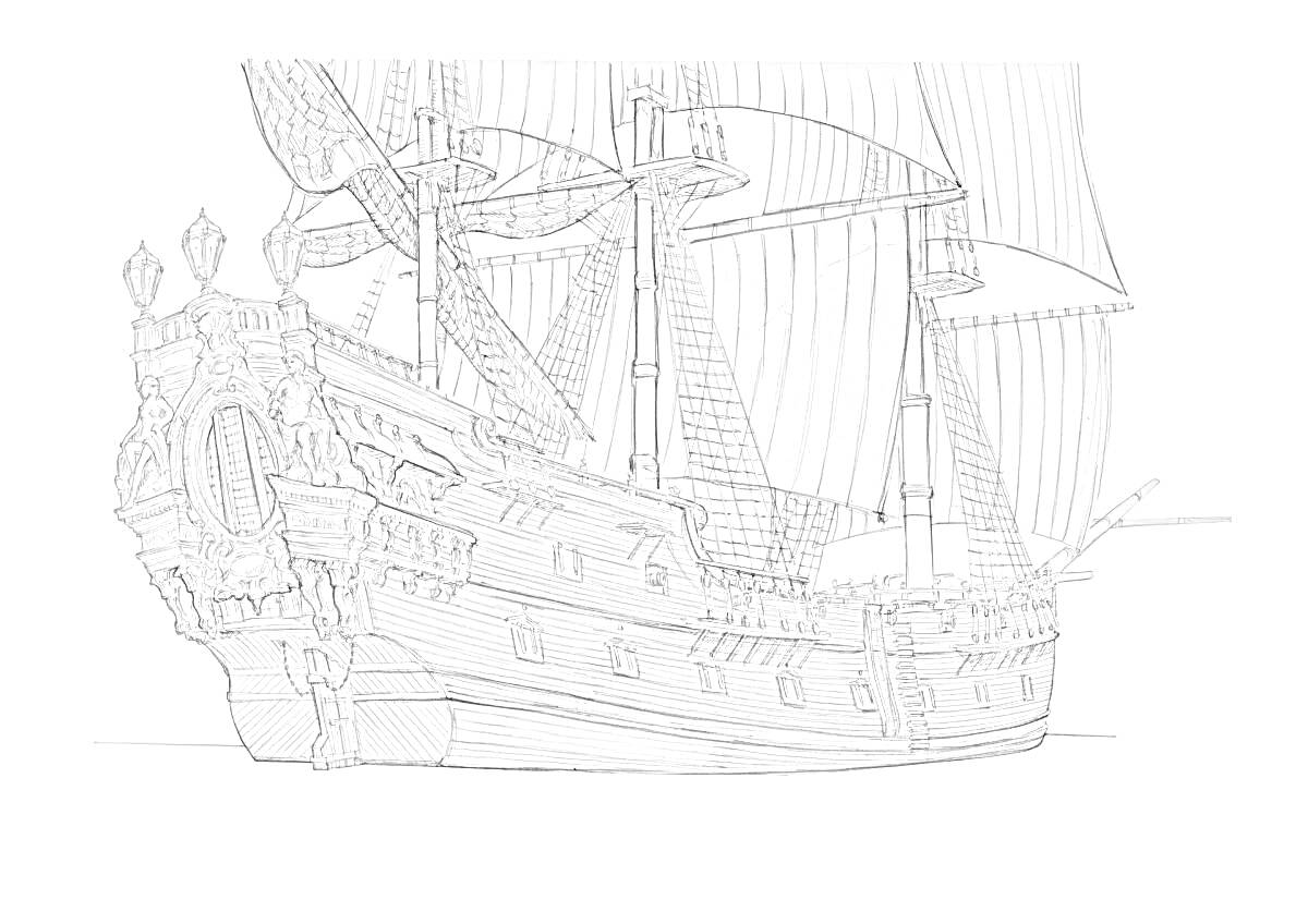 На раскраске изображено: Корабль, Морской транспорт, Паруса