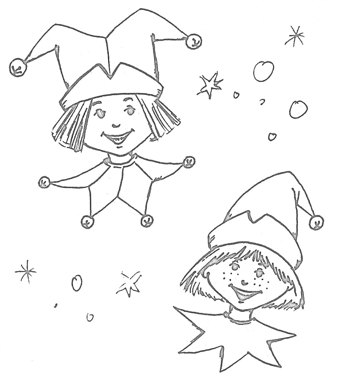 Раскраска Две куклы Петрушки с колпаками, звездами и кружками