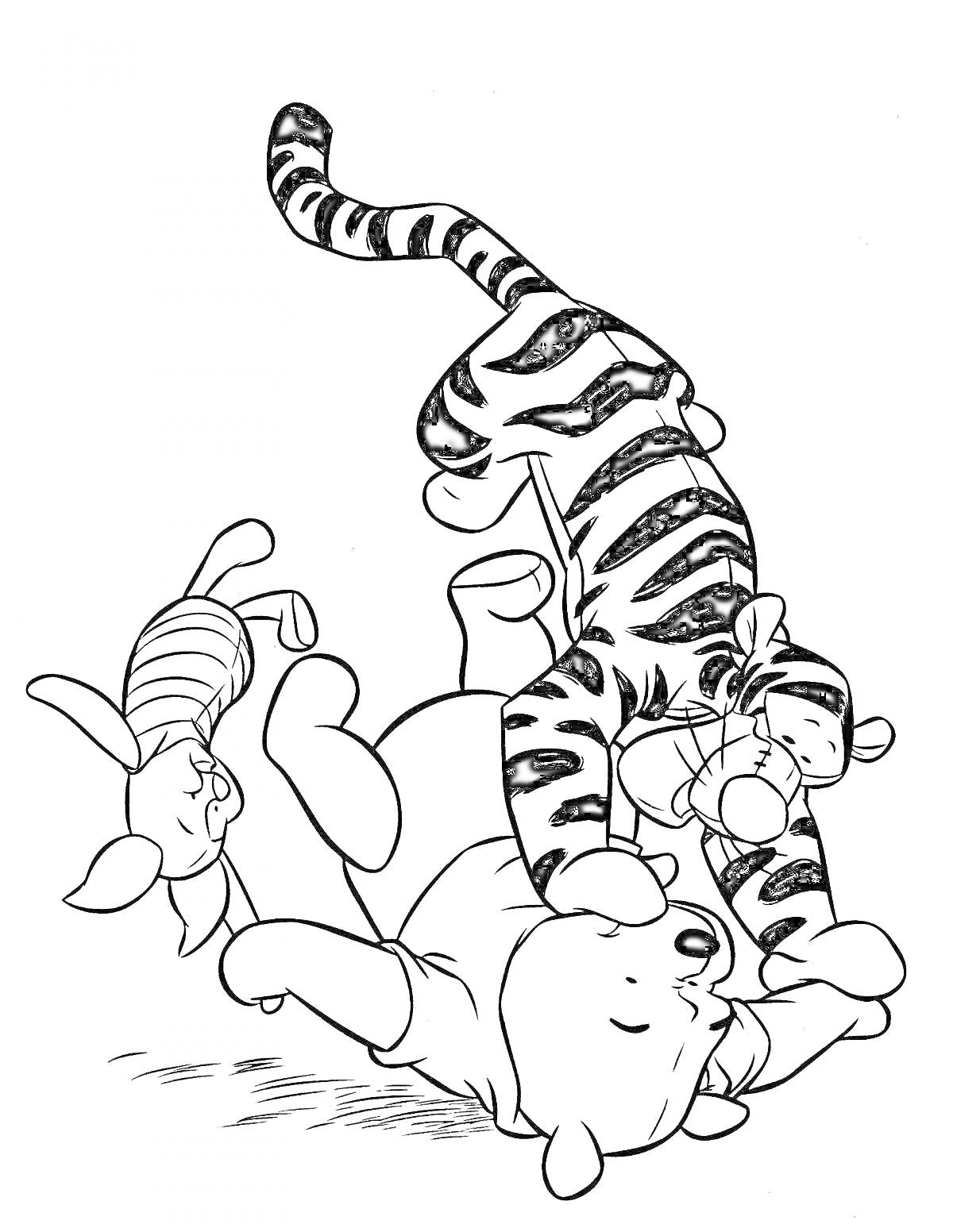 На раскраске изображено: Тигруля, Пятачок, Винни-Пух, Игра, Животные, Друзья, Джунгли