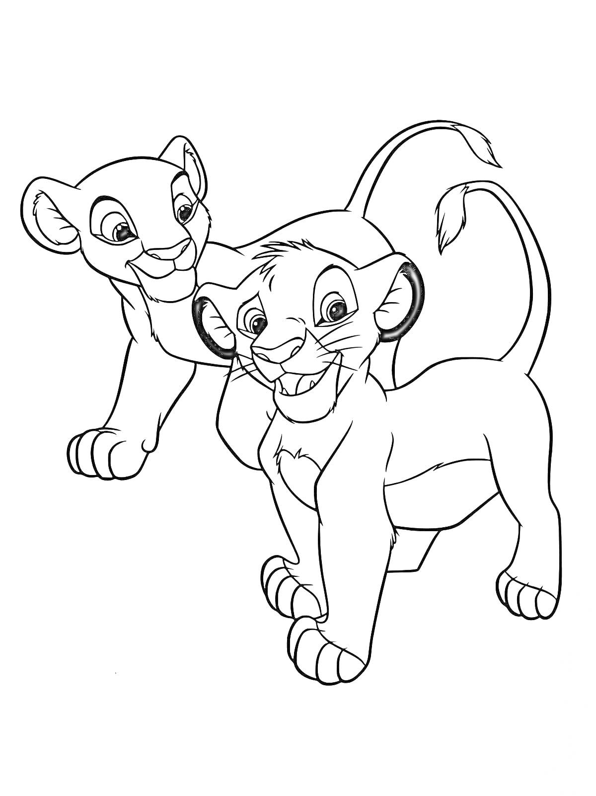 На раскраске изображено: Симба, Нала, Король лев, Львята, Дружба, Дисней