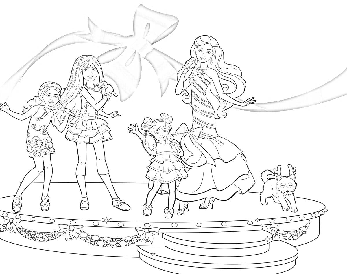 На раскраске изображено: Барби, Друзья, Собака, Бант, Для детей, Наряд, Сцены