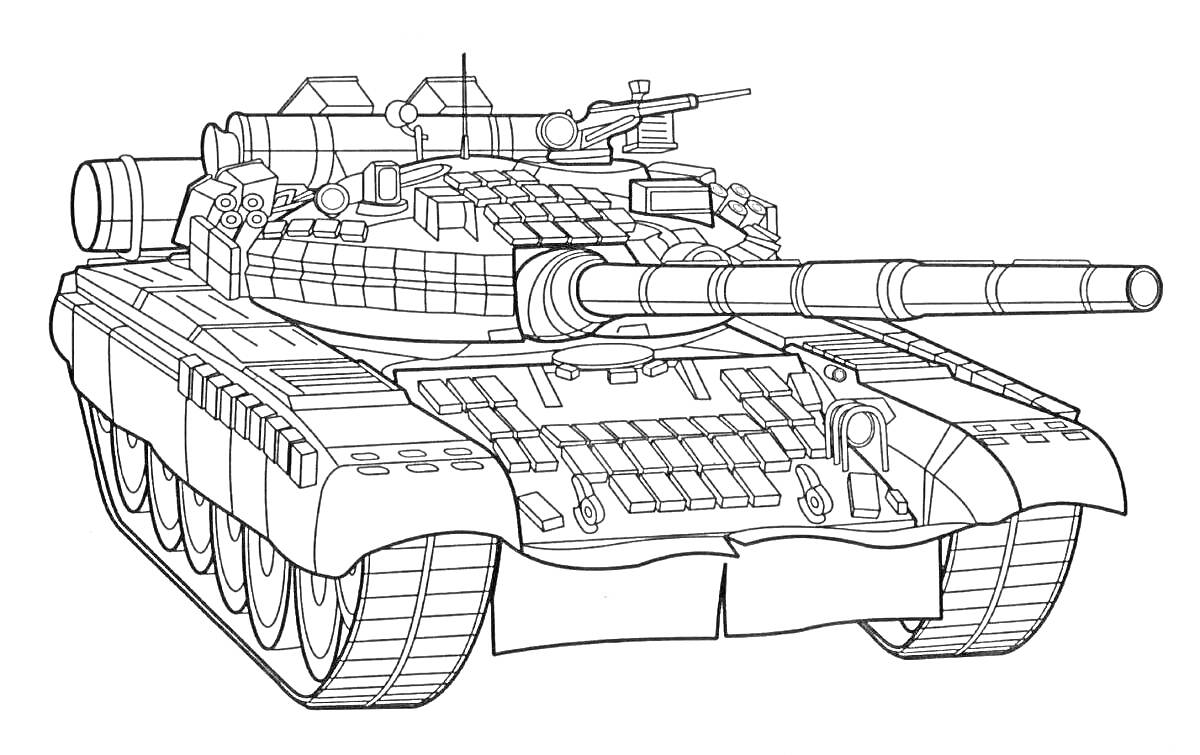 Раскраска Танк с детализированным корпусом и башней, оборудованный пушкой и дополнительным вооружением