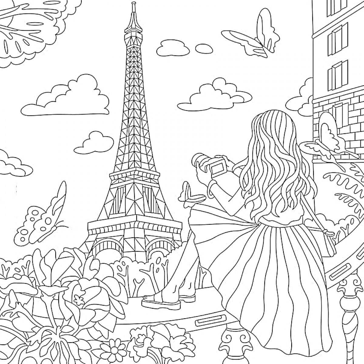 Раскраска Девушка с фотоаппаратом у Эйфелевой башни, бабочки, цветы и облака