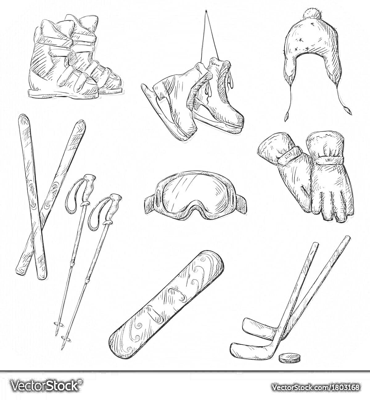 На раскраске изображено: Зима, Шапка, Лыжи, Лыжные палки, Очки, Перчатки, Сноуборд, Хоккей, Клюшка, Шайба, Спорт, Активный отдых