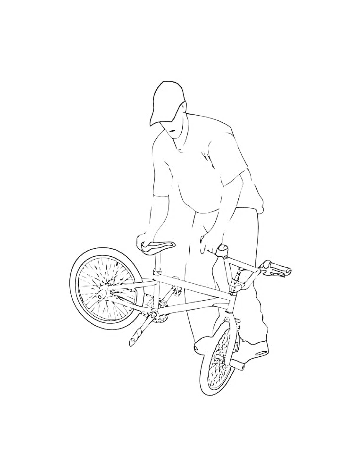 На раскраске изображено: BMX, Велосипед, Трюк, Человек, Спорт, Шапка, Одежда, Два колеса