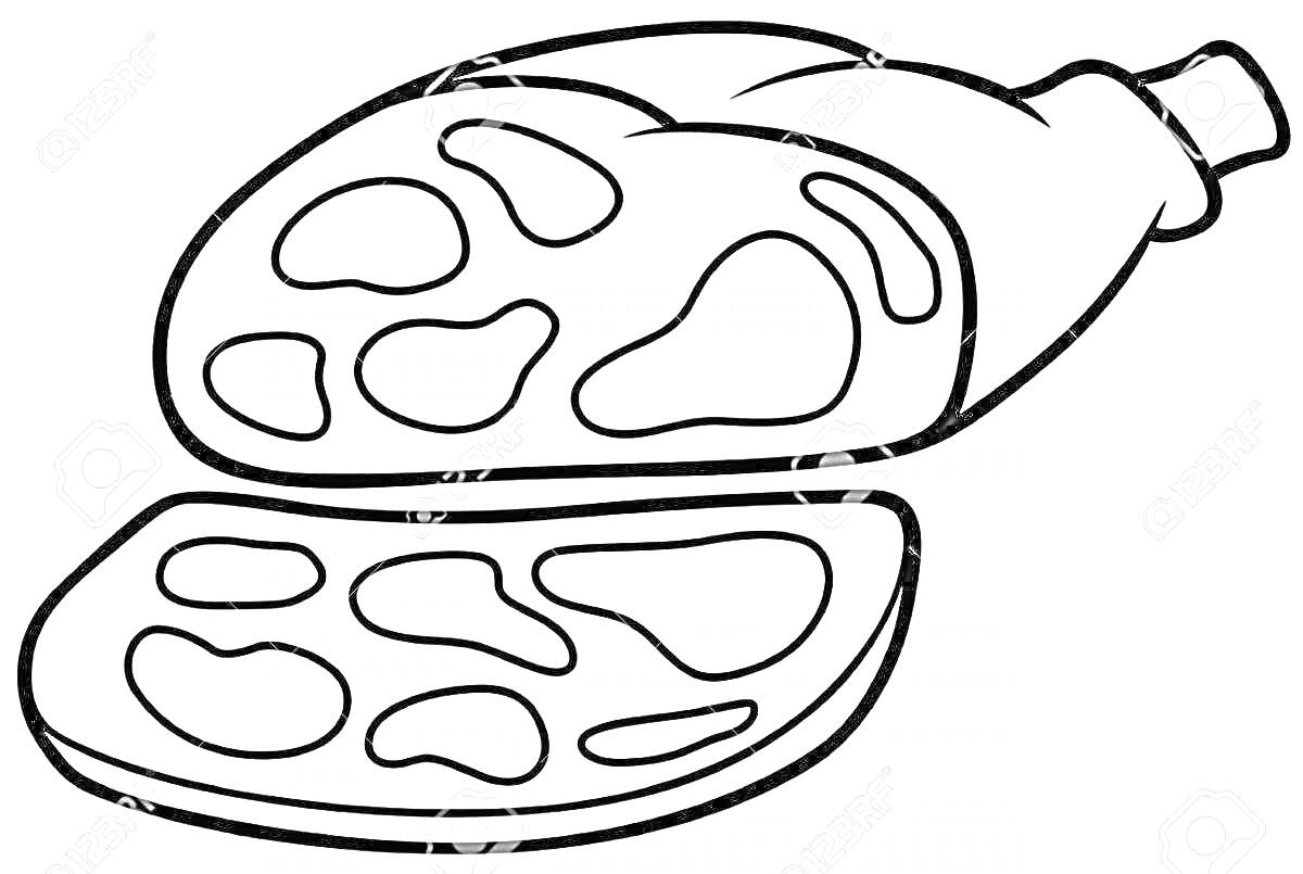 Раскраска Кусок мяса с прожилками и косточкой, половина нарезанная