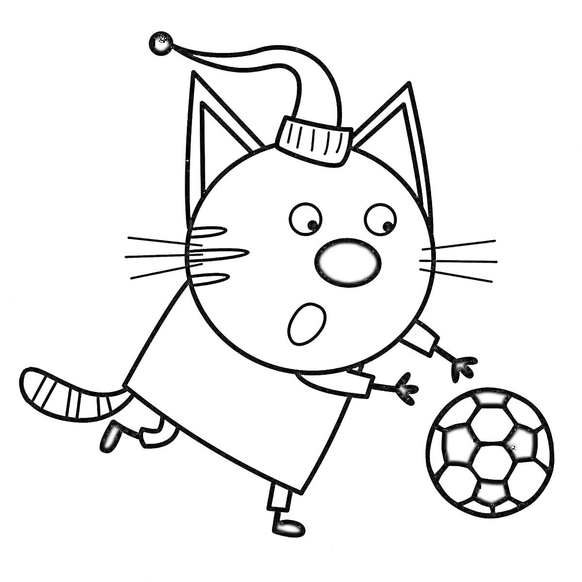 На раскраске изображено: Кот, Шапка, Футбол, Три кота, Игра