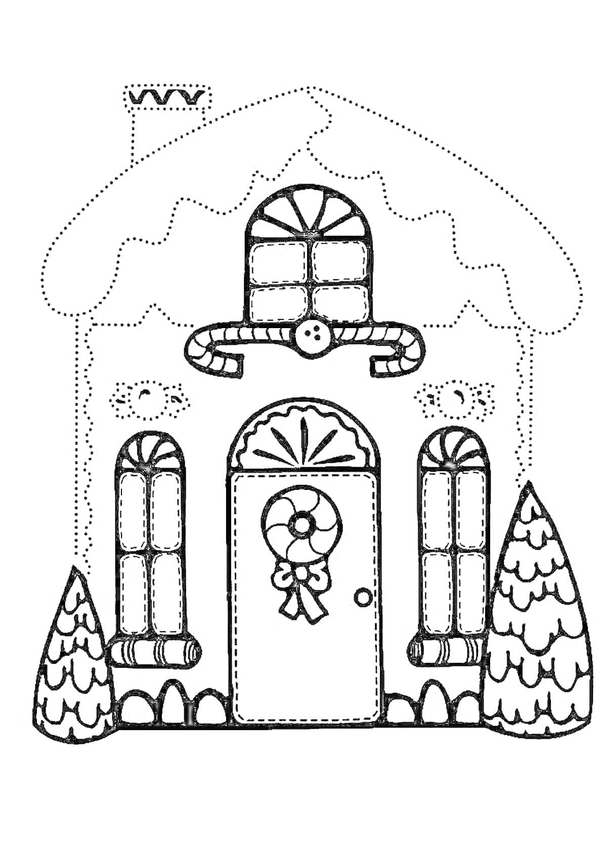 Раскраска Замок новогодний — дом с заснеженной крышей, окнами, украшенный венком на двери, двумя елками по сторонам и дымоходом