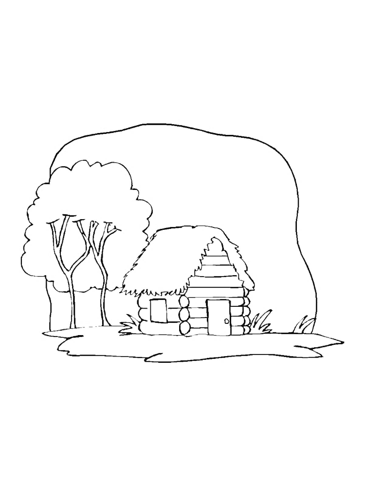 На раскраске изображено: Изба, Дом, Деревья, Трава, Природа, Лес, Деревянный дом
