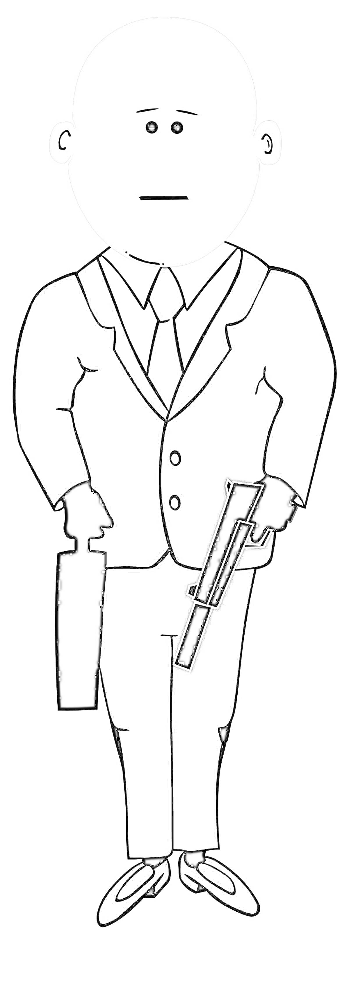 Раскраска Лысый мужчина в костюме с пистолетом и чемоданом